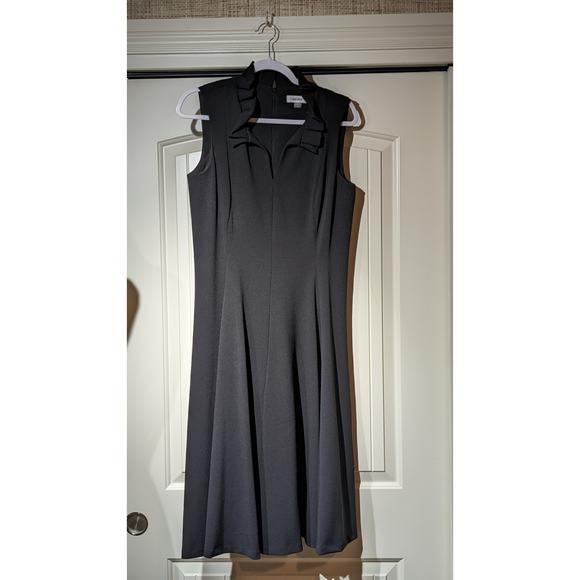 Calvin Klein Black Stretch Crepe Ruffle V-Neck Fit & Flare Dress Womens Sz 12 - Picture 10 of 11